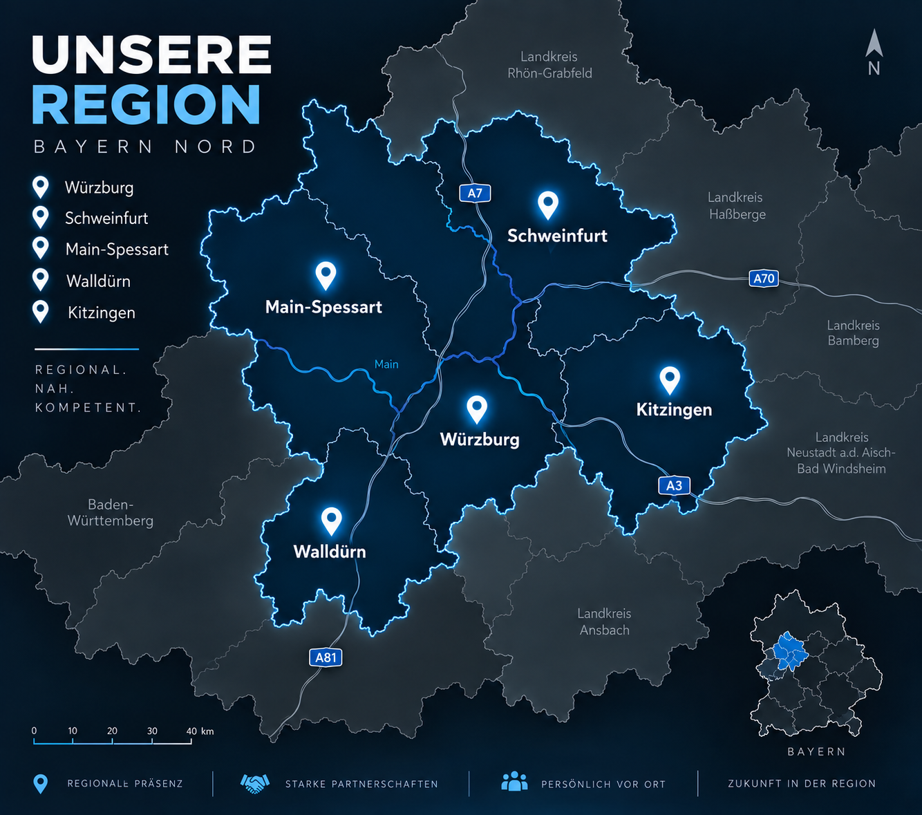Karte des Einsatzgebiets: Würzburg, Schweinfurt, Main-Spessart, Walldürn, Kitzingen